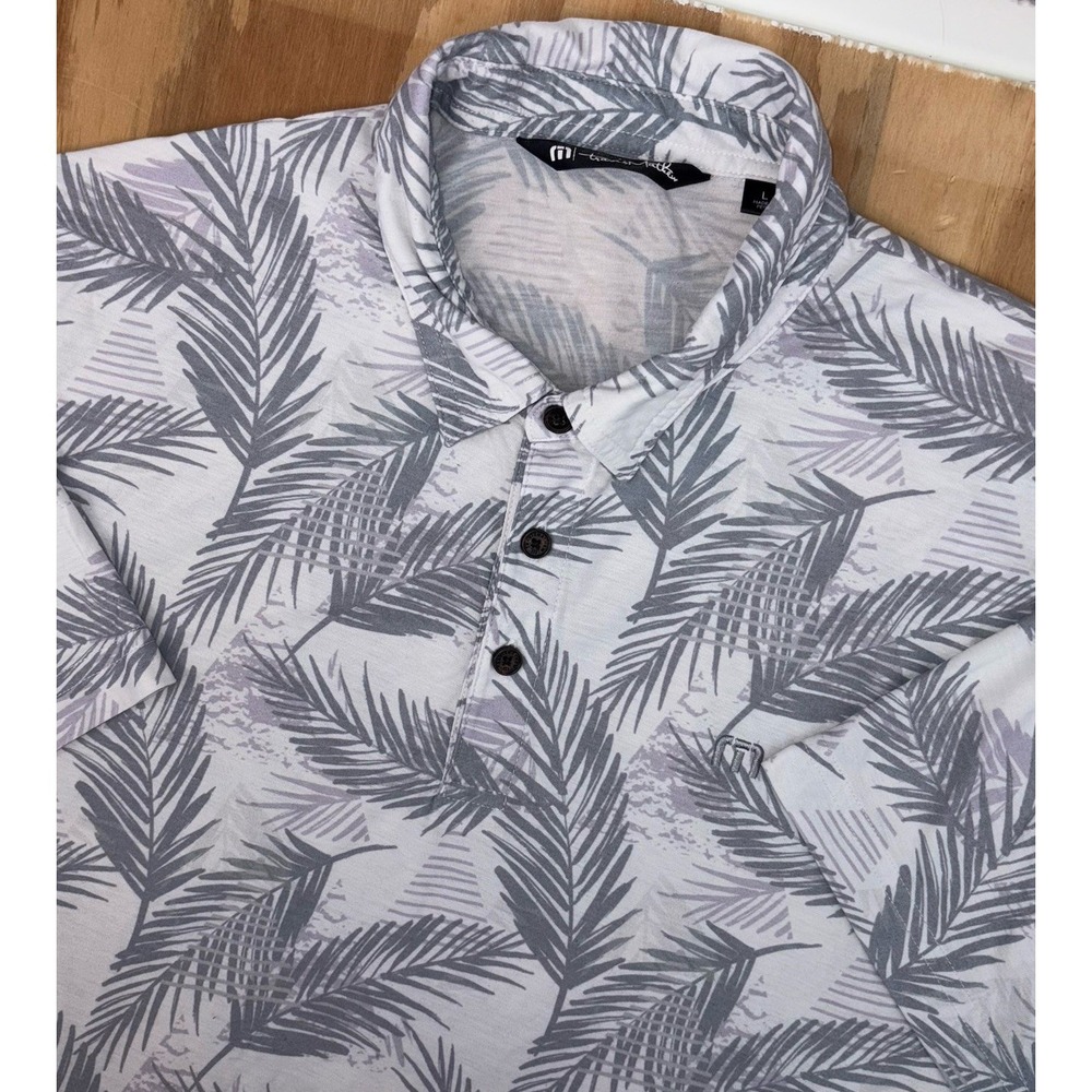 Travis Mathew Golf Polo Large Palm Fronds All Over Print White Gray Lavender